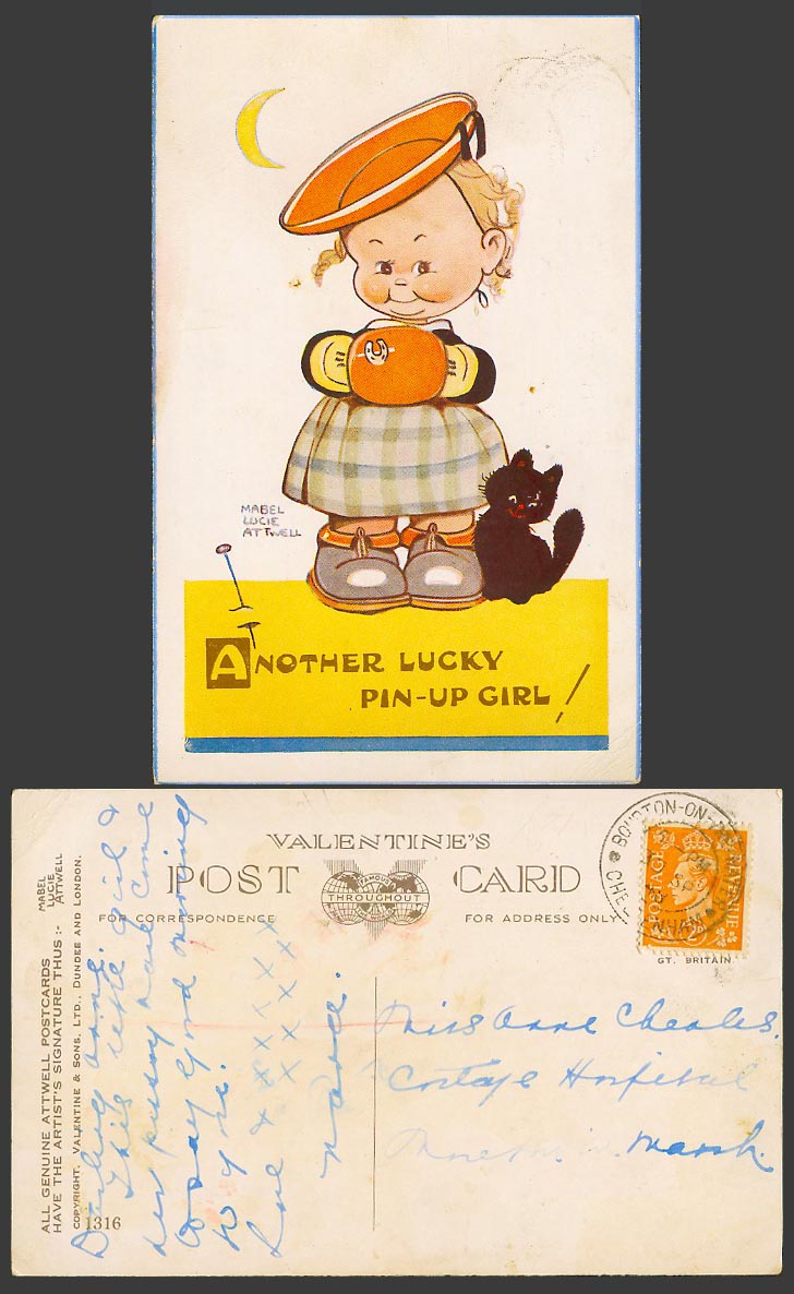 MABEL LUCIE ATTWELL 1948 Old Postcard Another Lucky Pin-Up Girl & Black Cat 1316