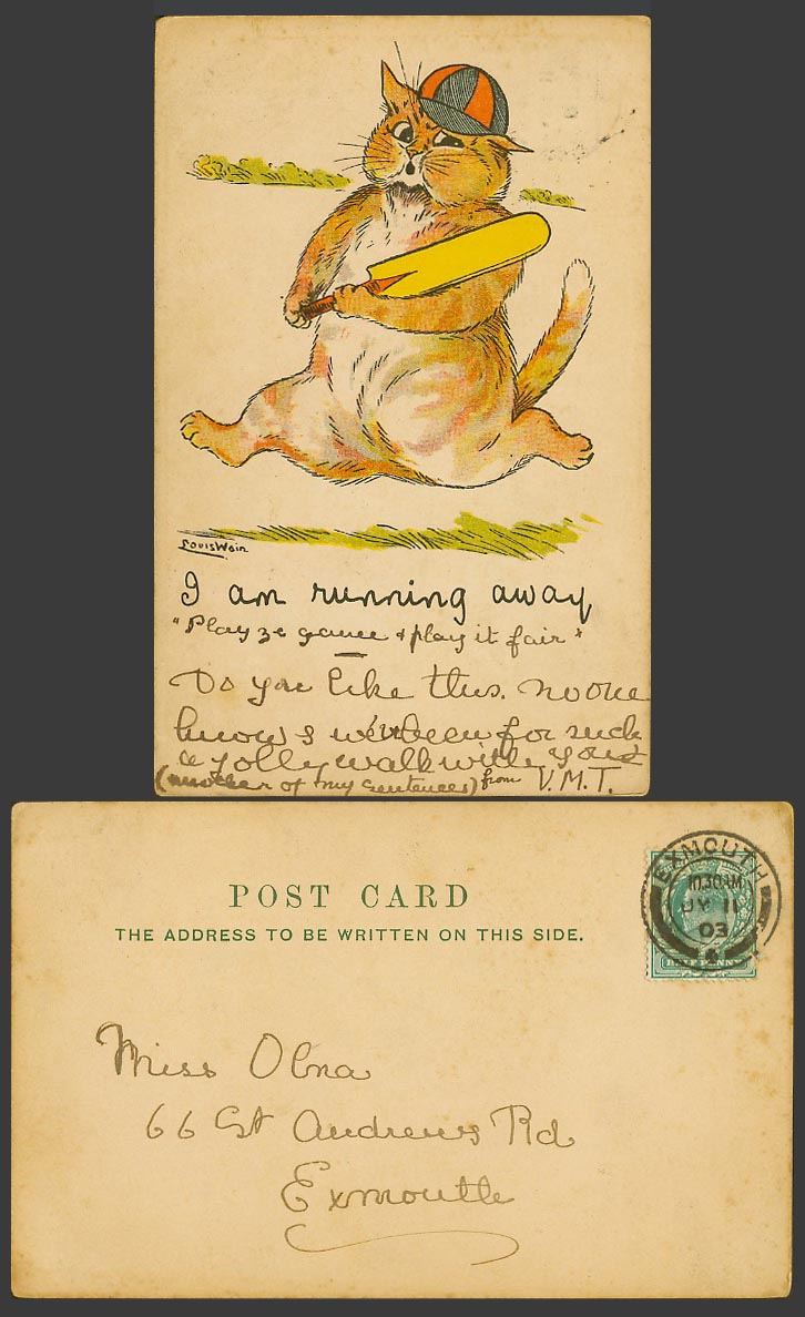 Louis Wain Artist Signed Cat, Cricket Bat, I'm Running Away 1903 Old UB Postcard