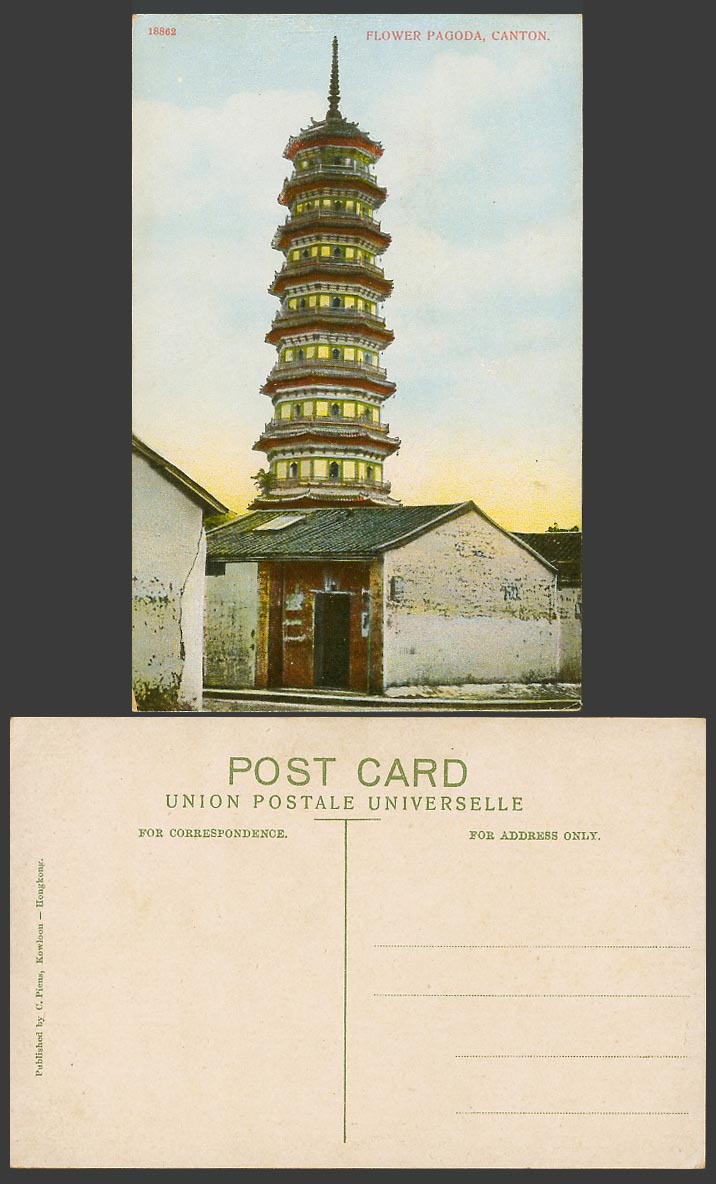China Old Colour Postcard Canton 9 Nine Story Flower Pagoda Temple Native Houses