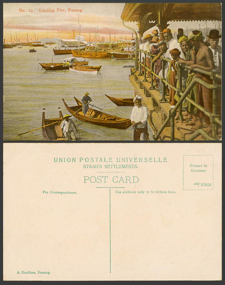Penang Old Colour Postcard Landing Pier Ships Boats Harbour Natives, A. Kaulfuss