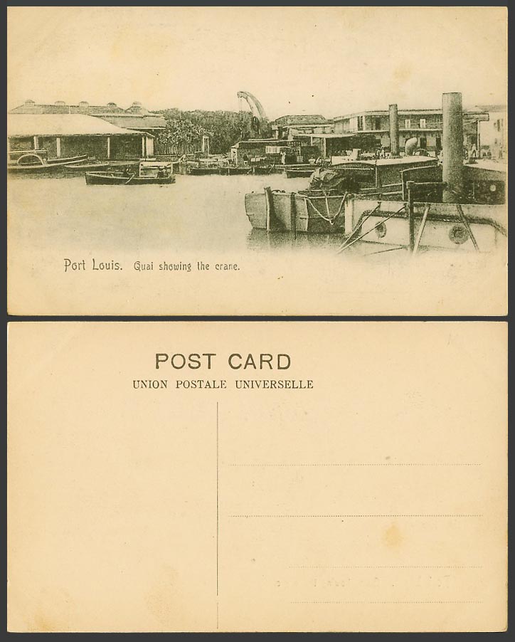 Mauritius Old Postcard Port Louis Quay Quai showing the Crane Ship Boats Harbour
