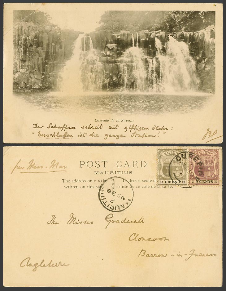 Mauritius 1c 5c 1923 Old UB Postcard Cascade de la Savane Savanne Fall Waterfall