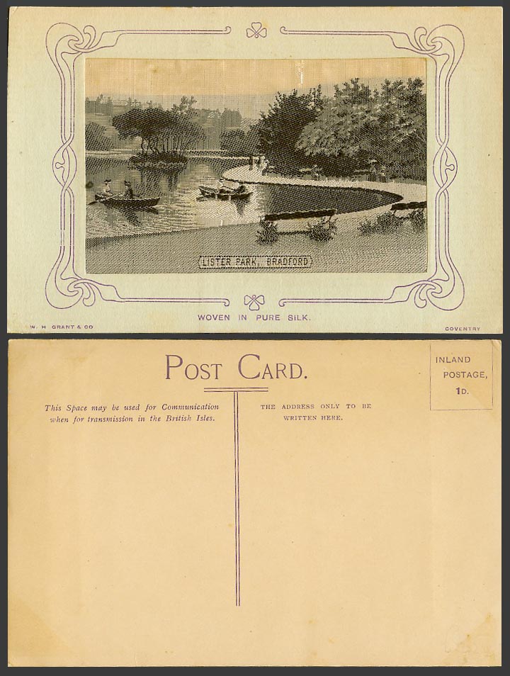 Woven in Pure Silk Bradford Lister Park 1904 Old Postcard Yorkshire Boating Lake