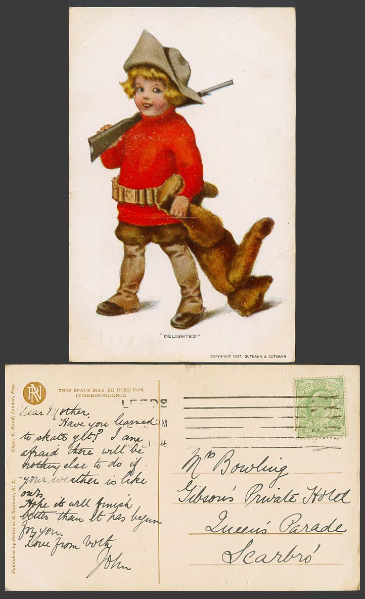 Little Girl with Teddy Bear and Gun Delighted Old Postcard Chas. H. Hauff London