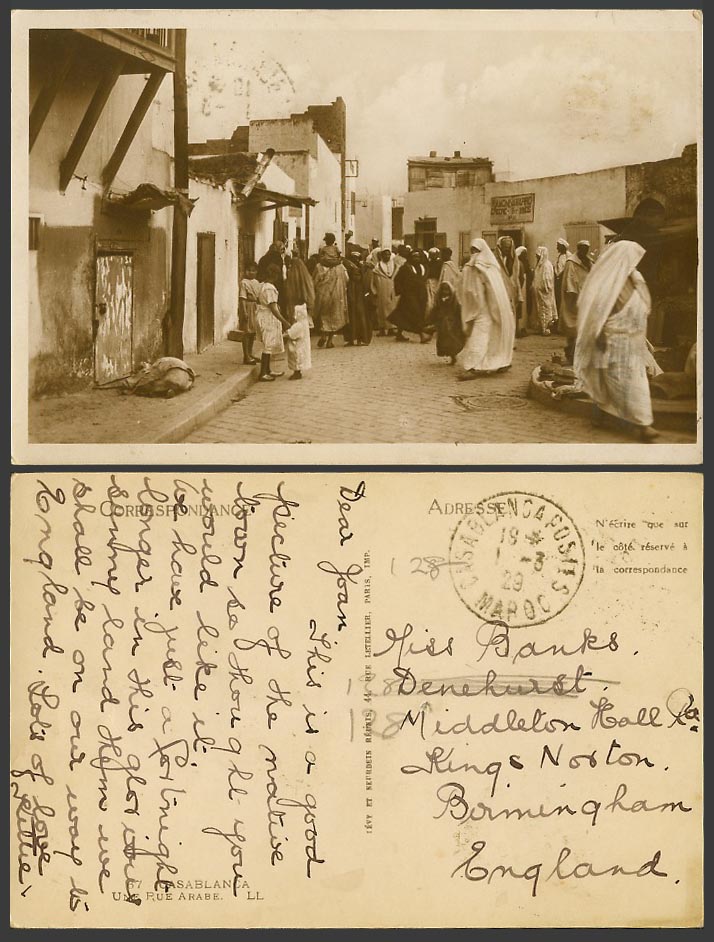 Morocco 1929 Old Postcard Casablanca, Un Rue Arabe, An Arab Street Scene L.L. 67