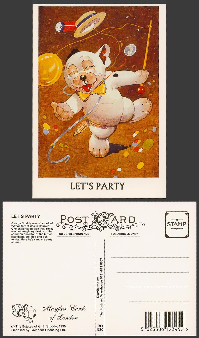BONZO DOG GE Studdy Large Postcard Lets Party Bull Dog Feather Hat Balloon BO580