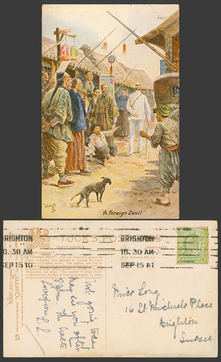 China 1910 Old Tuck's Oilette Postcard A Foreign Devil, Chinese Street Scene Dog