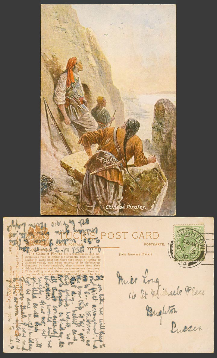 China, Life in 1910 Old Tuck's Oilette Postcard Chinese Pirates Rocks Cliffs Gun