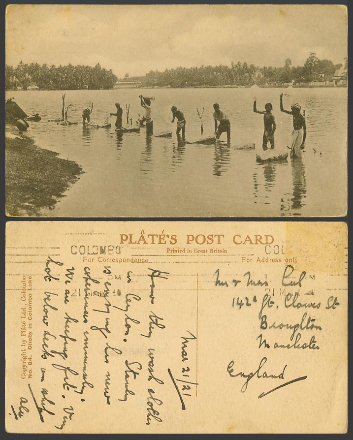 Ceylon 1921 Old Postcard Dhoby in Colombo Lake Dhobies Native Washermen at Work