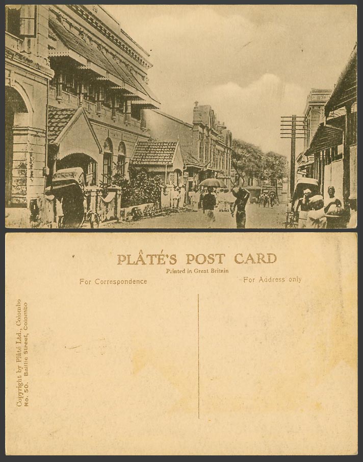 Ceylon Old Postcard Baillie Street Scene Colombo, Coolies Rickshaw Plate No. 302