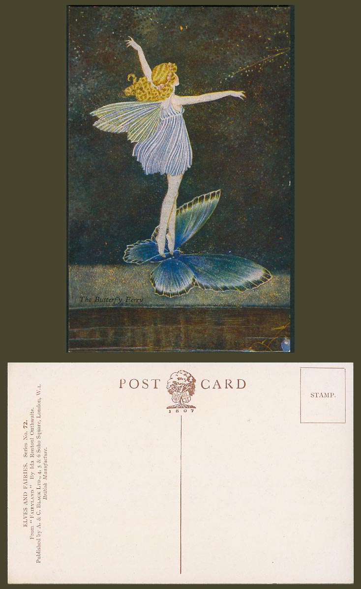 Ida Rentoul Outhwaite Old Postcard Butterfly Ferry, Elves & Fairies Fairyland 72