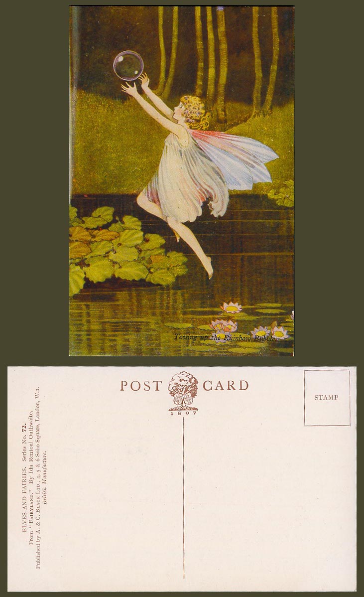Ida Rentoul Outhwaite Old Postcard Fairy Girl Tossing Up The Rainbow Bubbles 72.