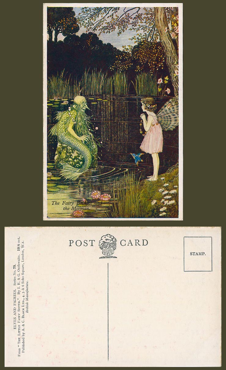 Ida Rentoul Outhwaite Old Postcard FAIRY BRIDGET and Merman, Little Fairy Sister