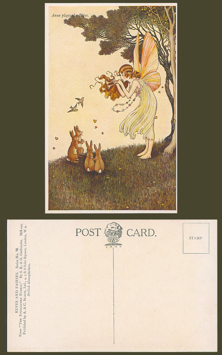 Ida Rentoul Outhwaite Old Postcard Fairy Girl Anne Plays Pipes, Enchanted Forest