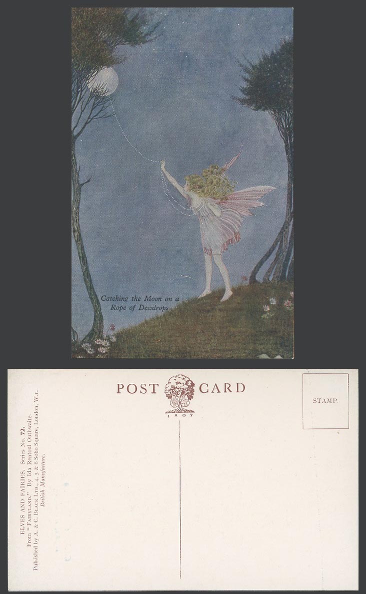 Ida Rentoul Outhwaite Old Postcard Fairy Girl Catching Moon on Rope of Dewdrops