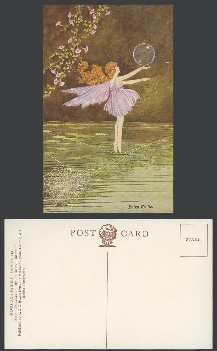 Ida Rentoul Outhwaite Old Postcard Fairy Frolic with Bubble Tiptoes on Spiderweb