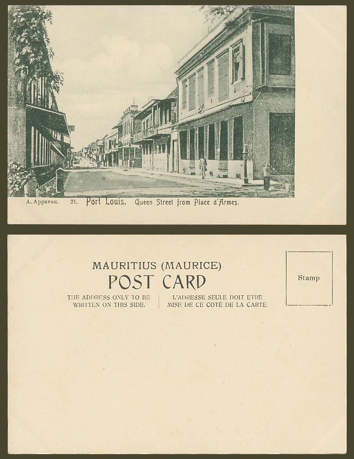 Mauritius Old Postcard Port Louis, Queen Street Scene from Place d'Armes, No. 21