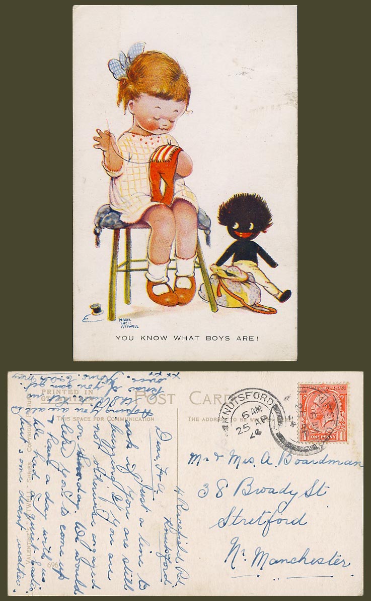 MABEL LUCIE ATTWELL 1924 Old Postcard Girl Sewing You Know What Boys Are! No.696