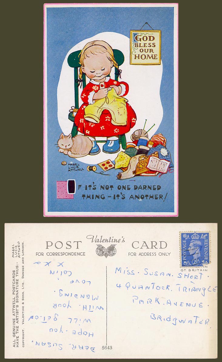 MABEL LUCIE ATTWELL Old Postcard One Darned Thing, God Bless Our Home, Cat 5643