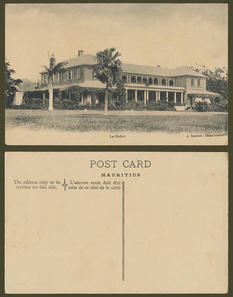 Mauritius Old Postcard Le Reduit, Residence du Gouverneur, Governor's Residence