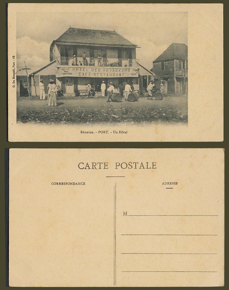 Reunion Old Postcard PORT, Un Hotel des Voyagurs Cafe Restaurant Barrels Bicycle