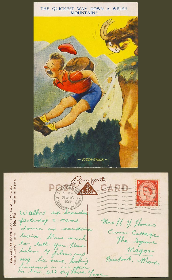 Fitzpatrick 1959 Old Postcard The Quickest Way Down Welsh Mountain Goat, Climber