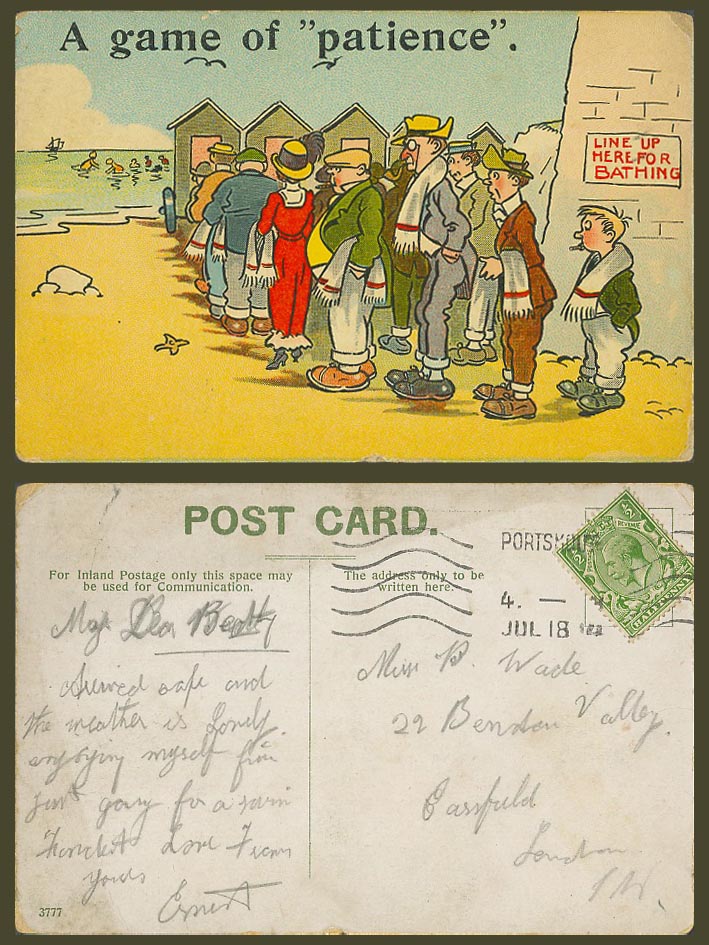 Beach A Game of Patience Line Up Here for Bathing Machines Sea 1918 Old Postcard