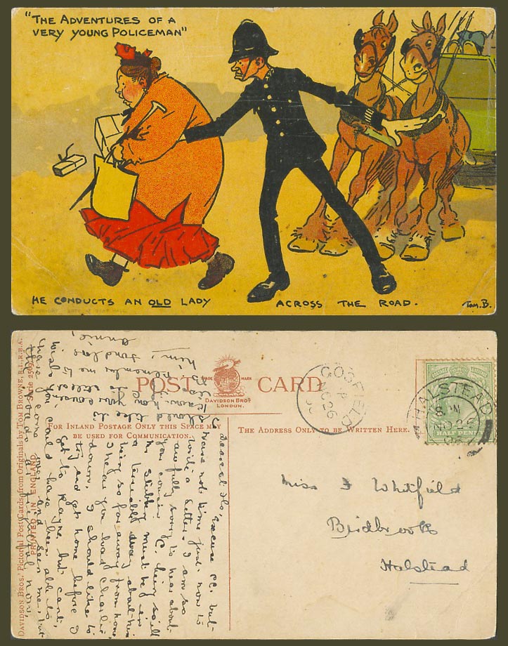 Tom B. Browne 1906 Old Postcard Adventures of a v. Young Policeman Police Horses