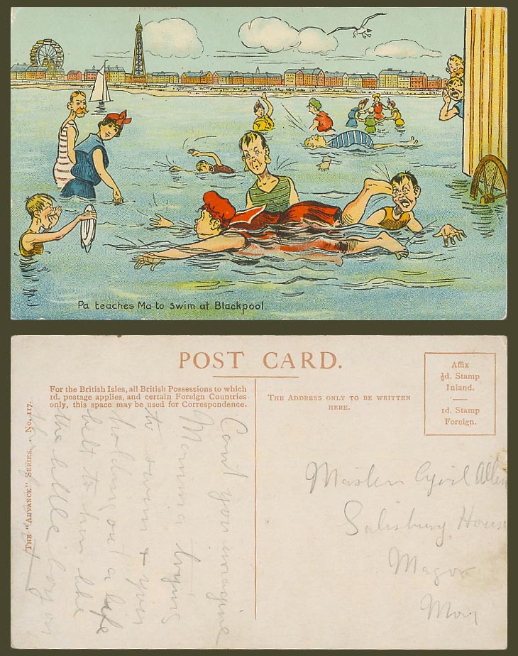 Blackpool Comic Old Postcard Pa teaches Ma to Swim at Blackpool. Bathers Bathing