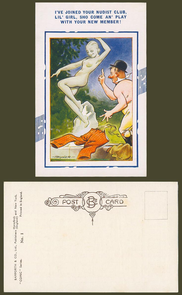 Taylor Old Postcard Joined Nudist Club Girl Sho Come an' Play with Ur New Member