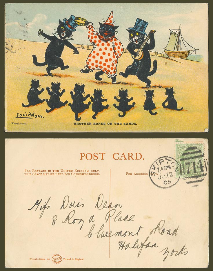 Louis Wain Artist Signed Black Cats Brother Bones On The Sands 1905 Old Postcard
