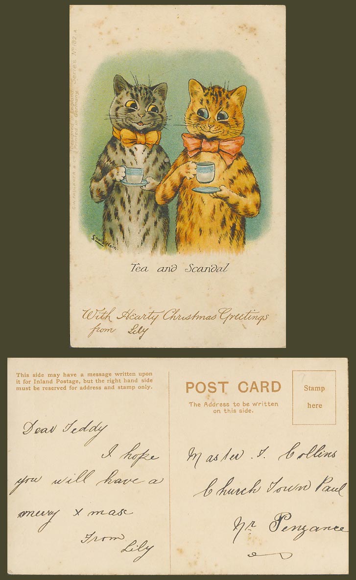 Louis Wain Artist Signed Cats Kittens Saucer Cup of Tea and Scandal Old Postcard