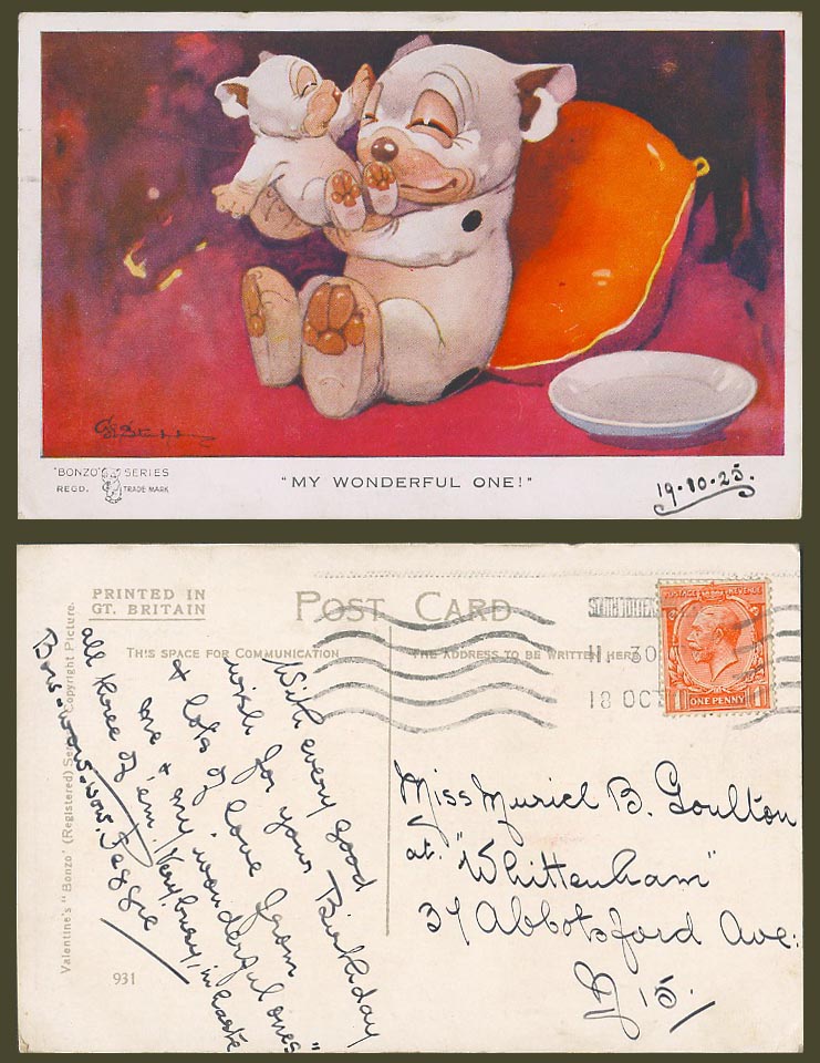 BONZO DOG GE Studdy 1925 Old Postcard My Wonderful One Puppy Cushion Dogs No.931