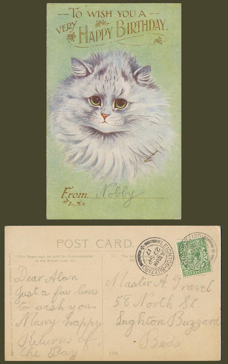 Louis Wain Artist Signed Cat Kitten, Wish You a Happy Birthday 1917 Old Postcard