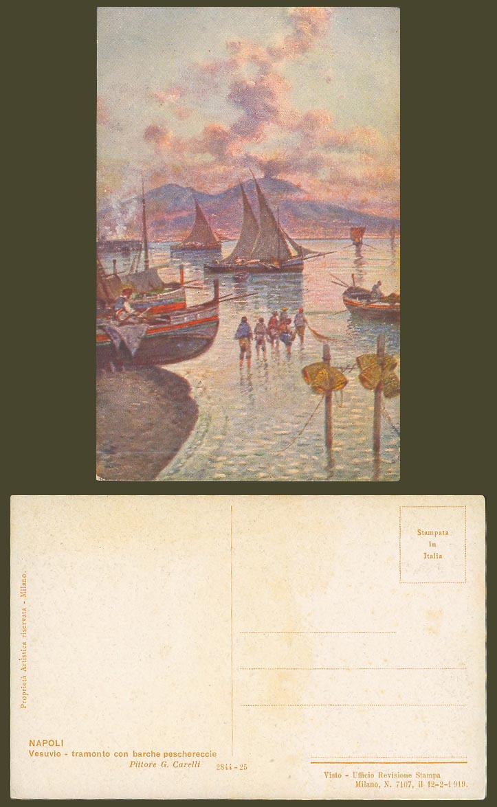 Italy Old Postcard Napoli Vesuvio Volcano Naples Sunset Fishing Boats G. Carelli