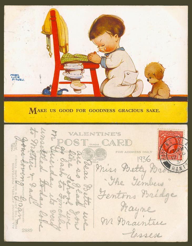MABEL LUCIE ATTWELL 1936 Old Postcard Make Us Good for Gracious Sake Dog No.2889