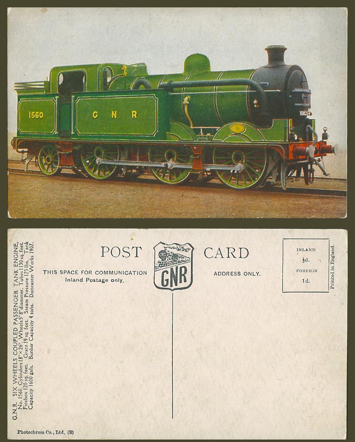 G.N.R. 6 Wheels Coupled Passenger Tank Engine 1560 Locomotive Train Old Postcard