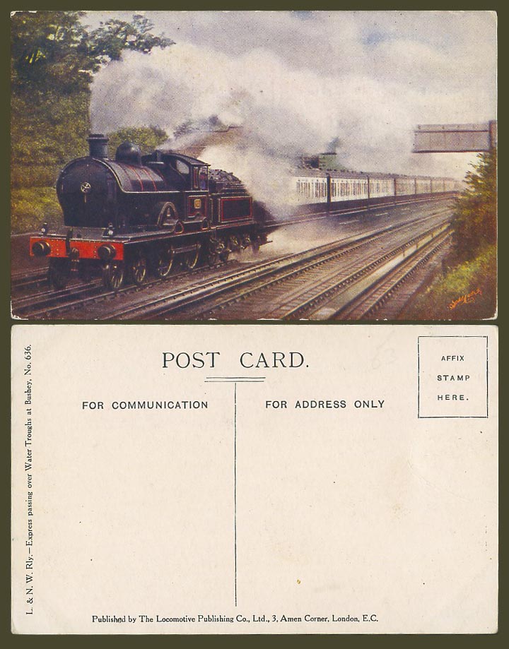 L.& N.W. Railway Express over Water Troughs Bushey Locomotive Train Old Postcard