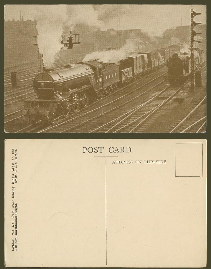 LNER V2 4771 Green Arrow Locomotive Train leave King's Cross London Old Postcard