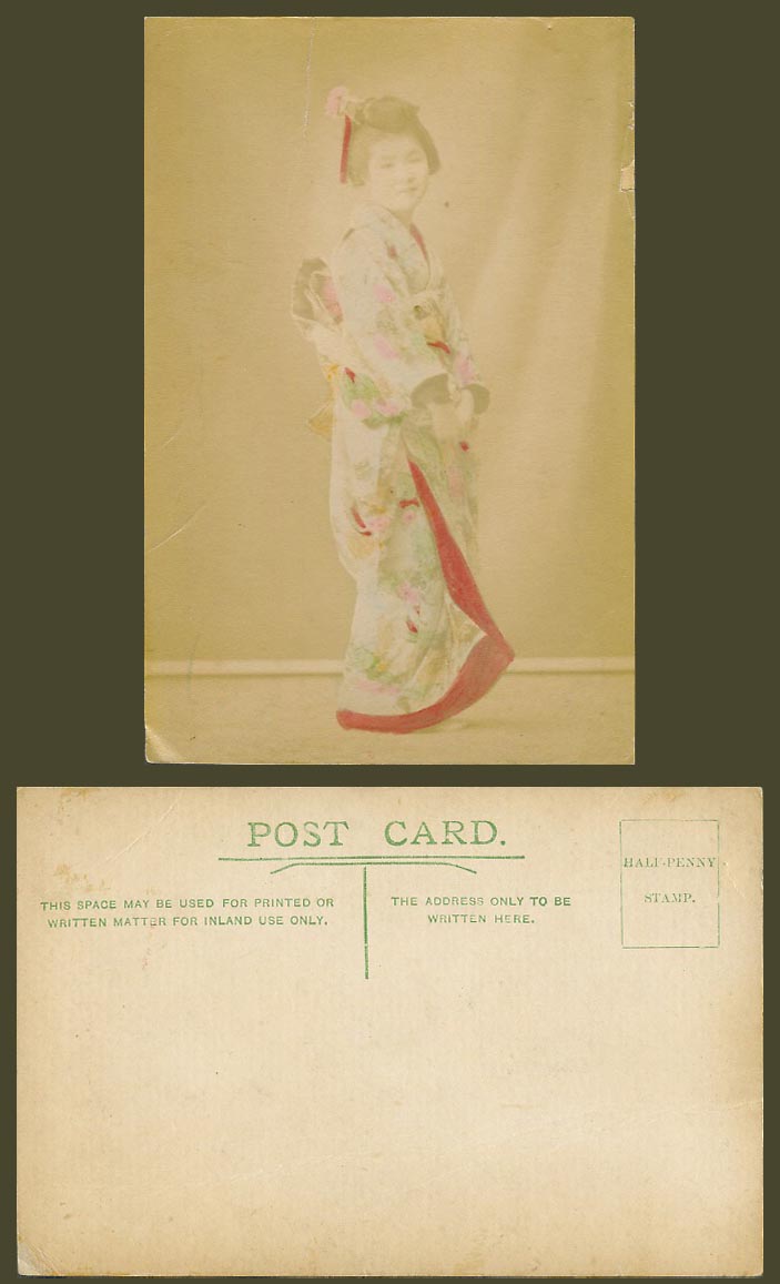 Japan Old Hand Tinted Postcard A Geisha Girl Woman Lady wearing Kimono Costumes