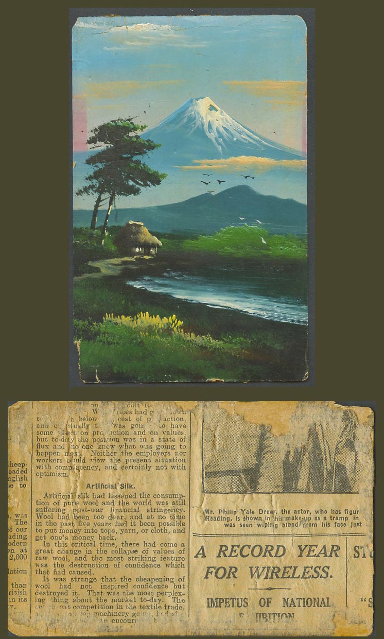 Japan Old Hand Painted Postcard Mt. Fuji Record Year Wireless Impetus Exhibition
