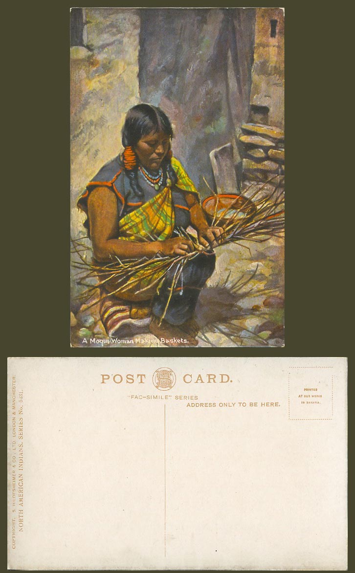 A Moqui Woman Making Baskets Native North American Red Indians Old Postcard 5431
