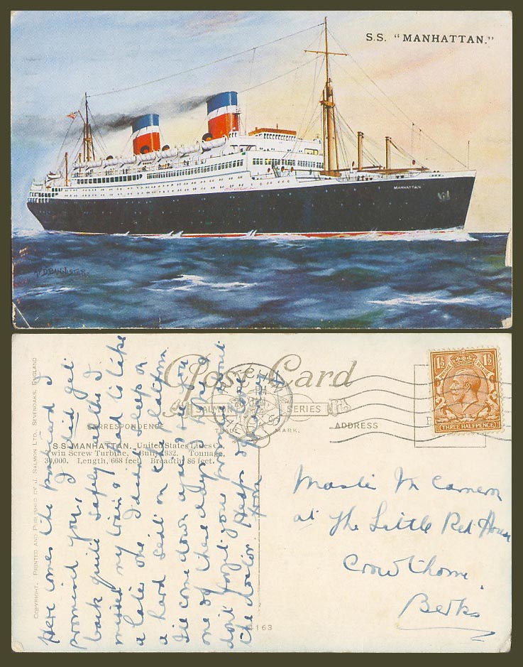 S.S. Manhattan Steam Ship AFD Bannister United States Lines Co 1934 Old Postcard