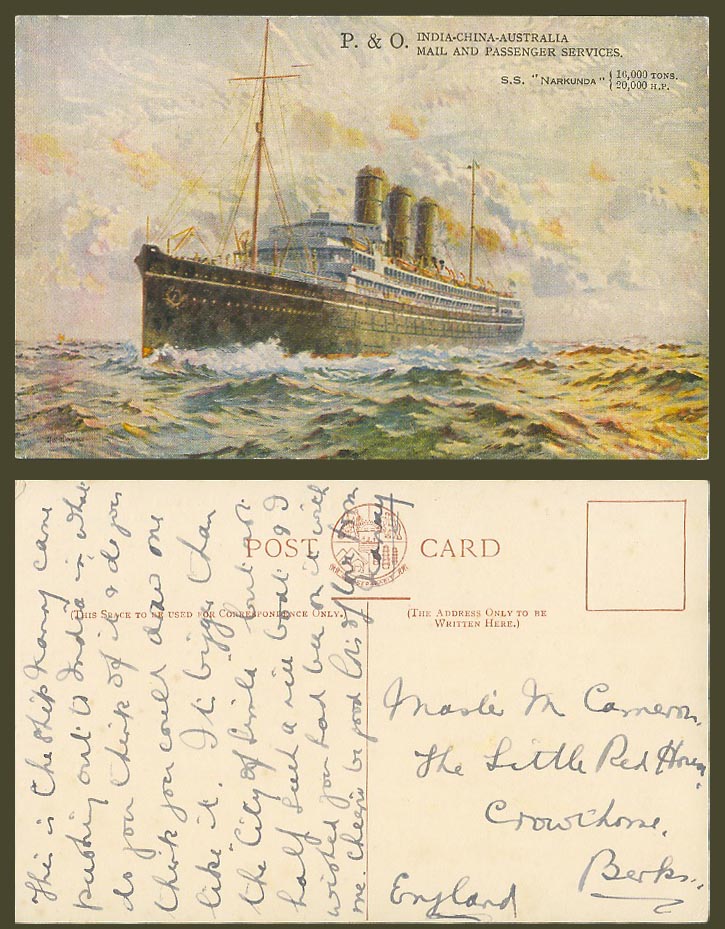 P.&O. S.S. NARKUNDA Old Postcard India China Australia Mail Passenger Steam Ship