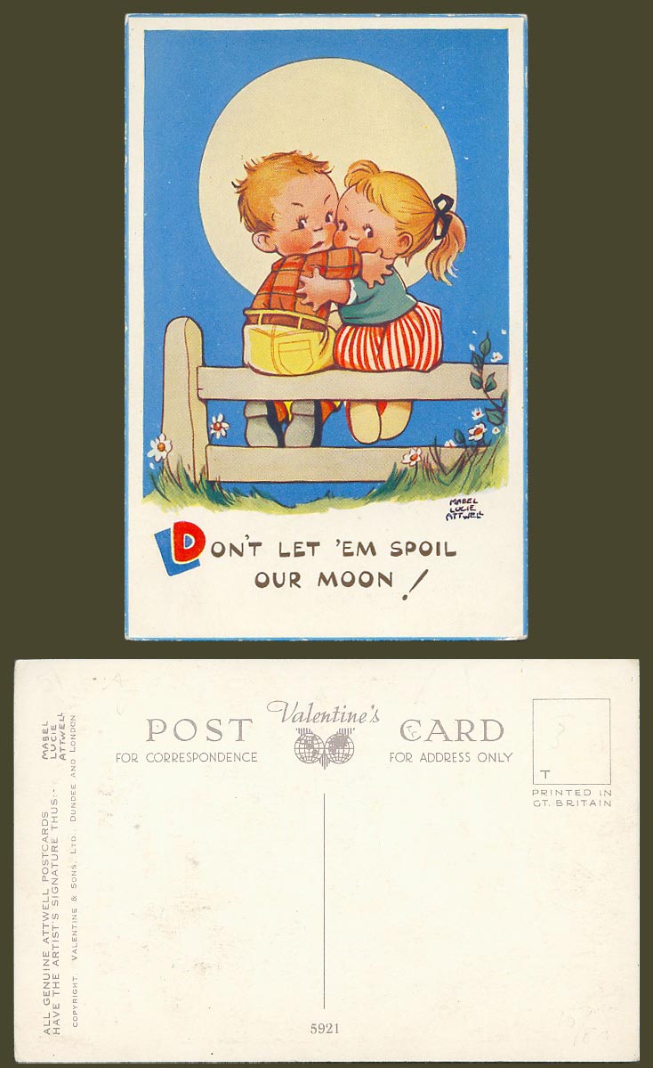 MABEL LUCIE ATTWELL Old Postcard Don't Let 'Em Spoil Our Moon! Romance No. 5921