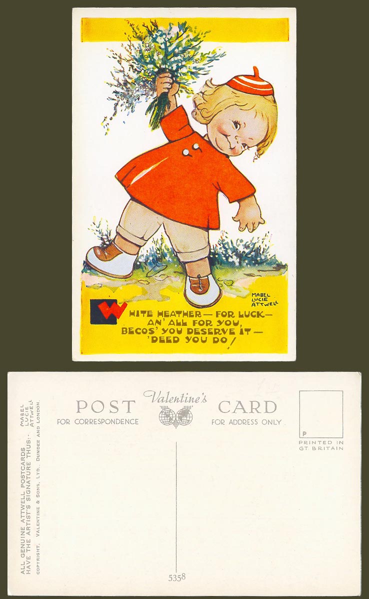 MABEL LUCIE ATTWELL Old Postcard Girl with Heather for Luck You Deserve It 5358