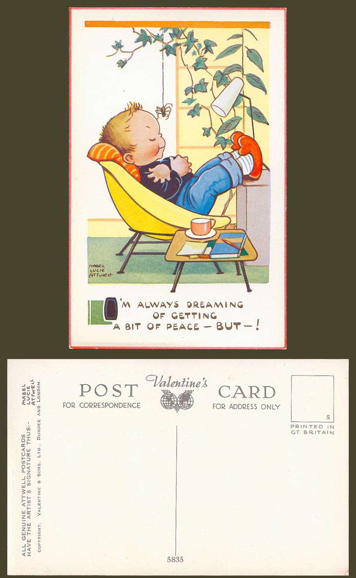 MABEL LUCIE ATTWELL Old Postcard Spider, I'm Dreaming of Getting Peace No. 5835