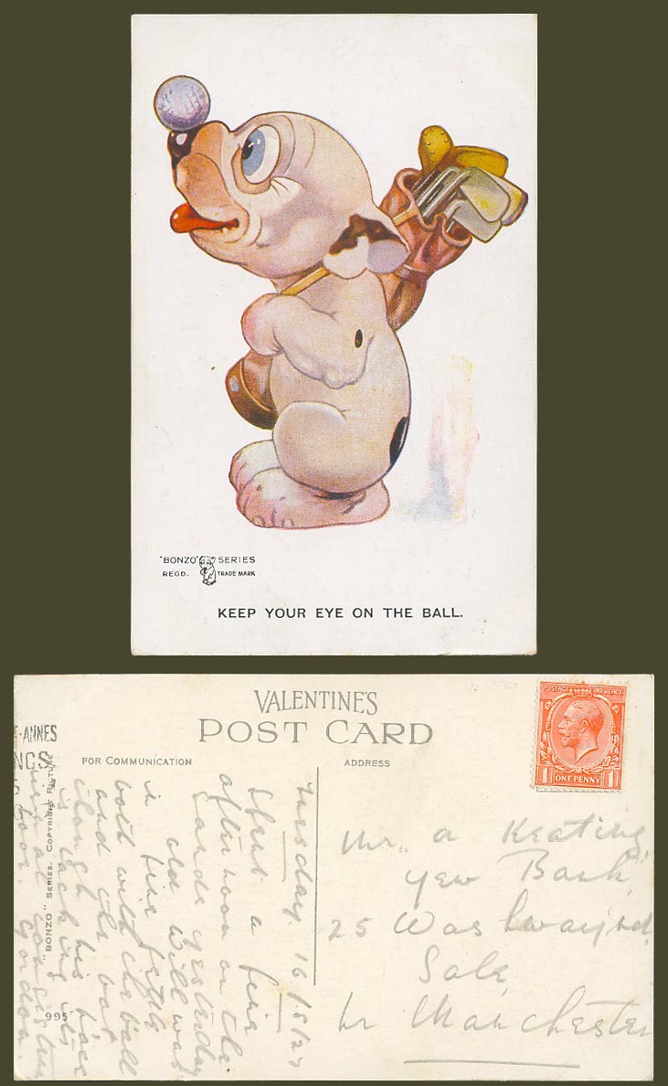 BONZO DOG GE Studdy 1927 Old Postcard Keep Eyes on Ball, Golf Golfer Golfing 995
