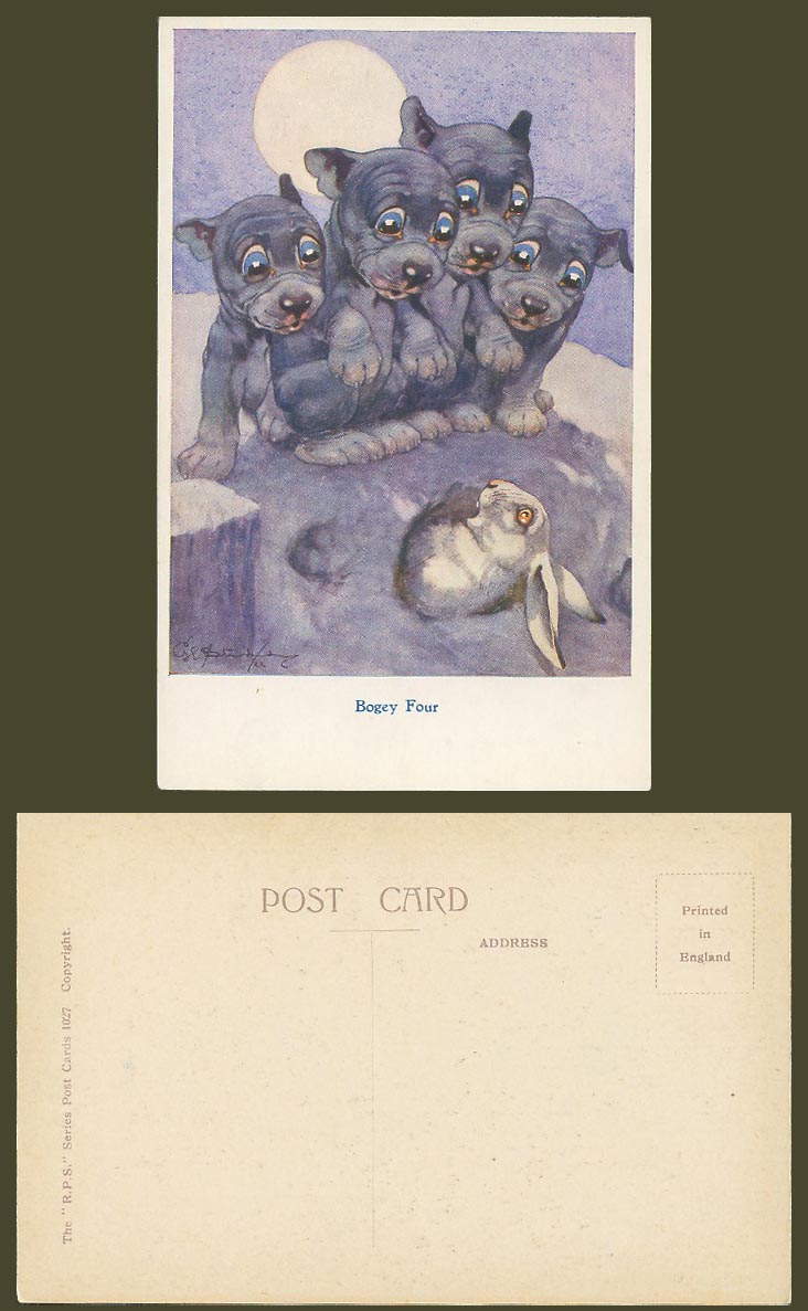BONZO DOG G.E. Studdy Old Postcard BOGEY FOUR 4, Puppies Bunny Rabbit Moon 1027.