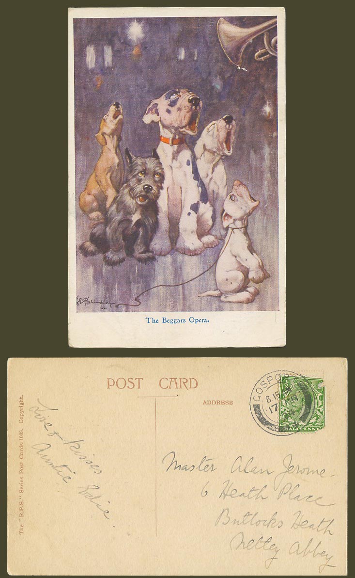 BONZO DOG GE Studdy 1924 Old Postcard The Beggars Opera, Dogs Puppy Singing 1003